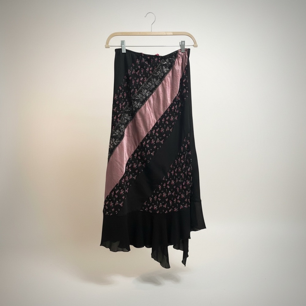 Vintage whimsy goth Black Skirt with Pink Satin Diagonal Panel
